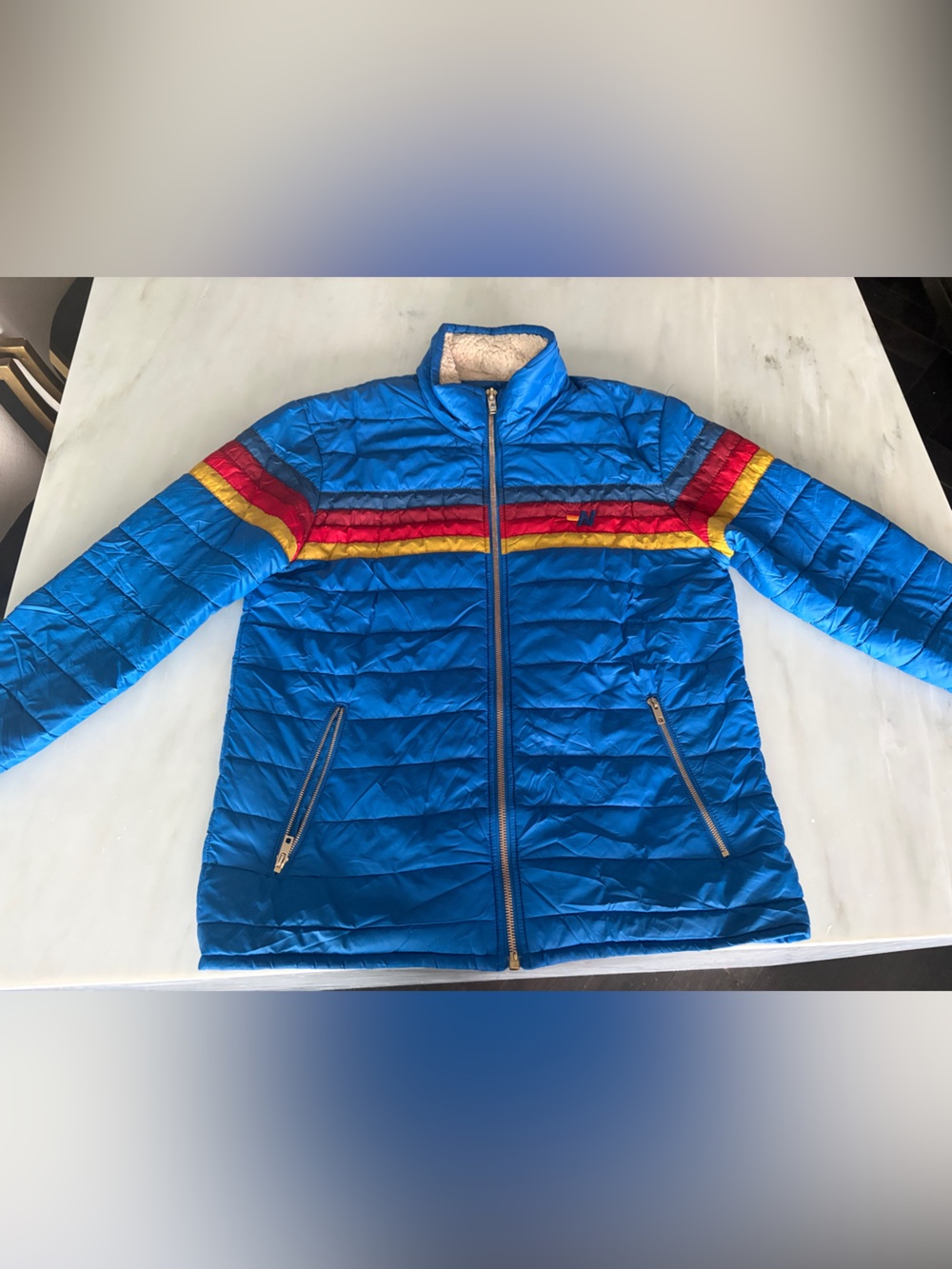 Aviator Nation Blue Puffer Jacket with Red and Yellow Stripes